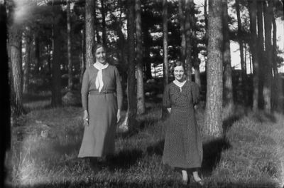 2 kvinnor stående i skogsbacke.
Nyckelord: Skogsbacke Skog