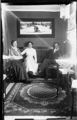 Man och 2 kvinnor sittande i soffa i rum.
Nyckelord: Tavla Matta