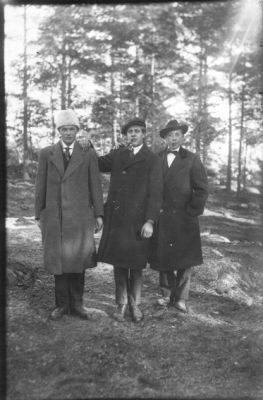 3 män stående i skogsbacke.
Nyckelord: Skogsbacke Skog
