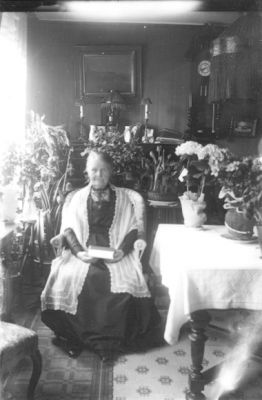 Kvinna sittande i rum.
Nyckelord: Blommor Tavla Matta