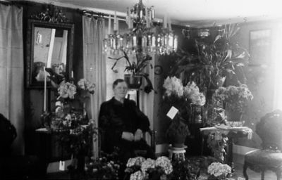 Kvinna sittande i rum bland blommor.
Nyckelord: Födelsedag Blommor Lampa Spegel