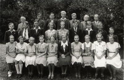 Kvinna och ungdomar sittande och stående utomhus
Nyckelord: Elever, Skolklass, Realskola, Klassfoto