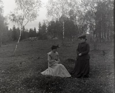 En stående och en sittande kvinna på blomsteräng
Nyckelord: Dräkt