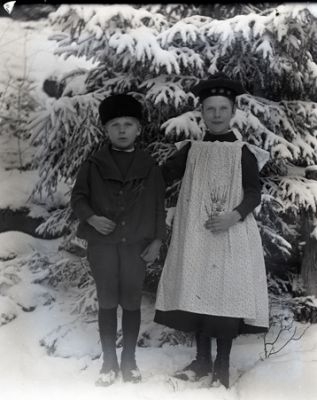 Pojke och flicka vid snöig gran
Nyckelord: Dräkt