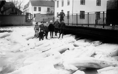 Ett antal barn stående på isflak.
Nyckelord: Islossning
