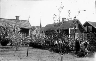 Familj stående i trädgård framför byggnad.
Nyckelord: Fruktträd