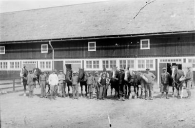 Ett antal män stående med hästar framför ladugård.
Nyckelord: Häst