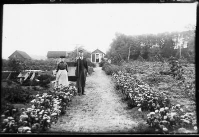 Man och kvinna stående i trädgård.
