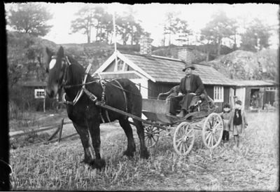 Man sittande på hästekipage och 2 barn stående bredvid.
Nyckelord: Häst Vagn