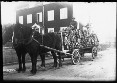 Man sittande på hästekipage med ved.
Nyckelord: Häst Vagn Vedlass