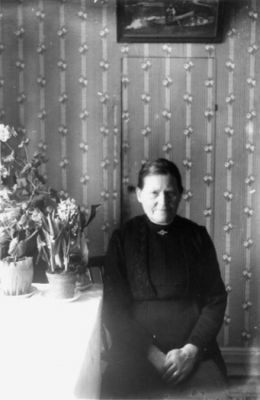 Kvinna sittande i rum.
Nyckelord: Blommor Tapet Tavla