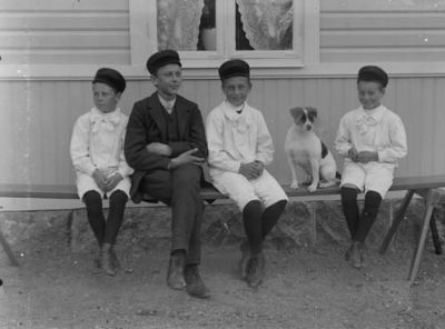 4 pojkar och en hund sittande på en bänk
Nyckelord: Hund Dräkt