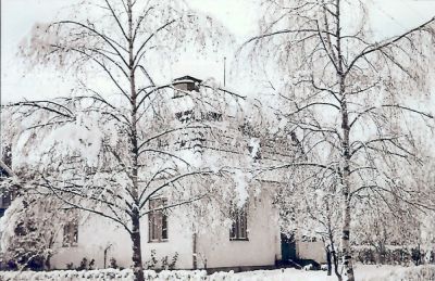 Byggnad inramad av snöklädda björkar
