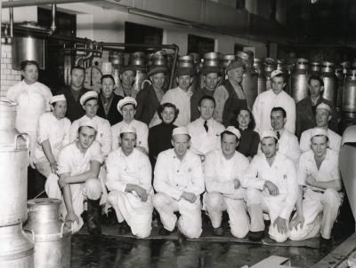 Mejeriarbetare med stora mjölkkrukor i bakgrunden
Nyckelord: Mjölkkruka Mejeri