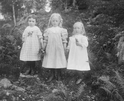 3 små flickor med blombuketter stående i skogen
Nyckelord: Dräkt