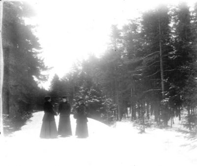 3 kvinnor stående på skogsväg
Nyckelord: Dräkt