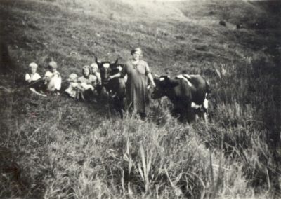 Kvinna och barn med kossor
Nyckelord: Ko