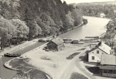 Flygbild över slussområde
