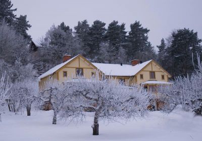 Villa med fruktträdgård i vintrig miljö
